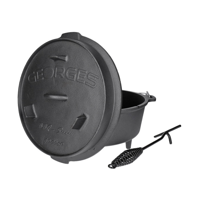 TP Dutch Oven aus Gusseisen, BBQ Kessel mit Füßen Deckel, robuster Feuertopf inkl. Deckelheber GDO06P