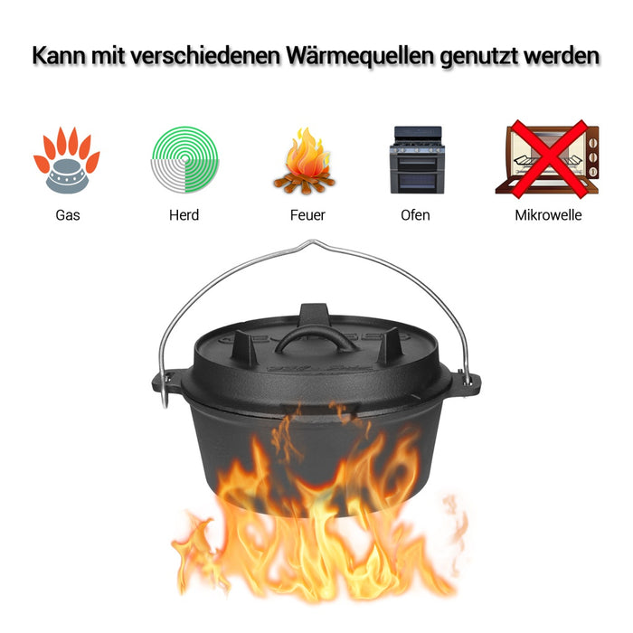 TP Dutch Oven aus Gusseisen, BBQ Kessel mit Füßen Deckel, robuster Feuertopf inkl. Deckelheber GDO06P