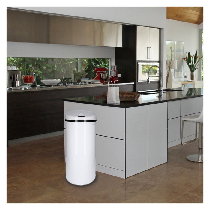 TP Sensor Mülleimer aus Edelstahl, Abfallbehälter für Küche, automatischer Deckel, rund, in weiß 50 Liter