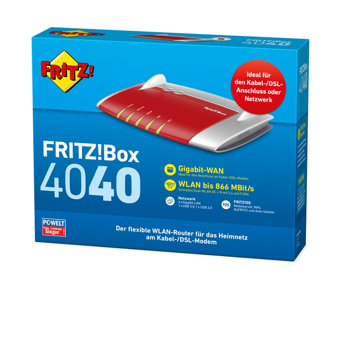 AVM FRITZ!Box 4040 WLAN-Router Gigabit Ethernet Dual-Band (2,4 GHz/5 GHz) 4G Rot, Silber