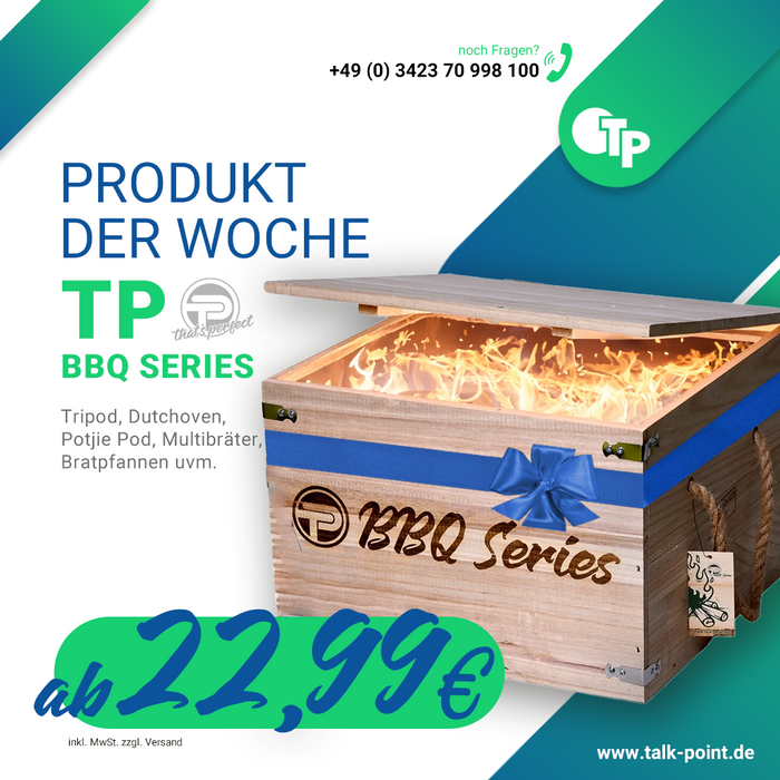 TP BBQ Series - Tripod Set in Holzkiste, Dutch Oven, Feuertopf, Potjie Kessel aus Gusseisen mit Deckel und Füßen - Produkt der Woche Banner