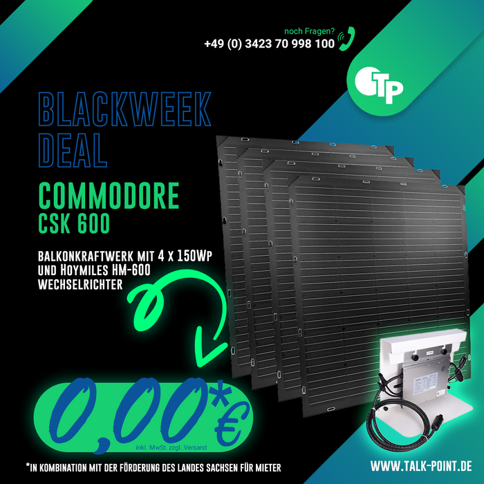 Blackweek Banner für Commodore CSK600 Balkonkraftwerk mit 4 x 150Wp und Hoymiles HM-600 Wechselrichter