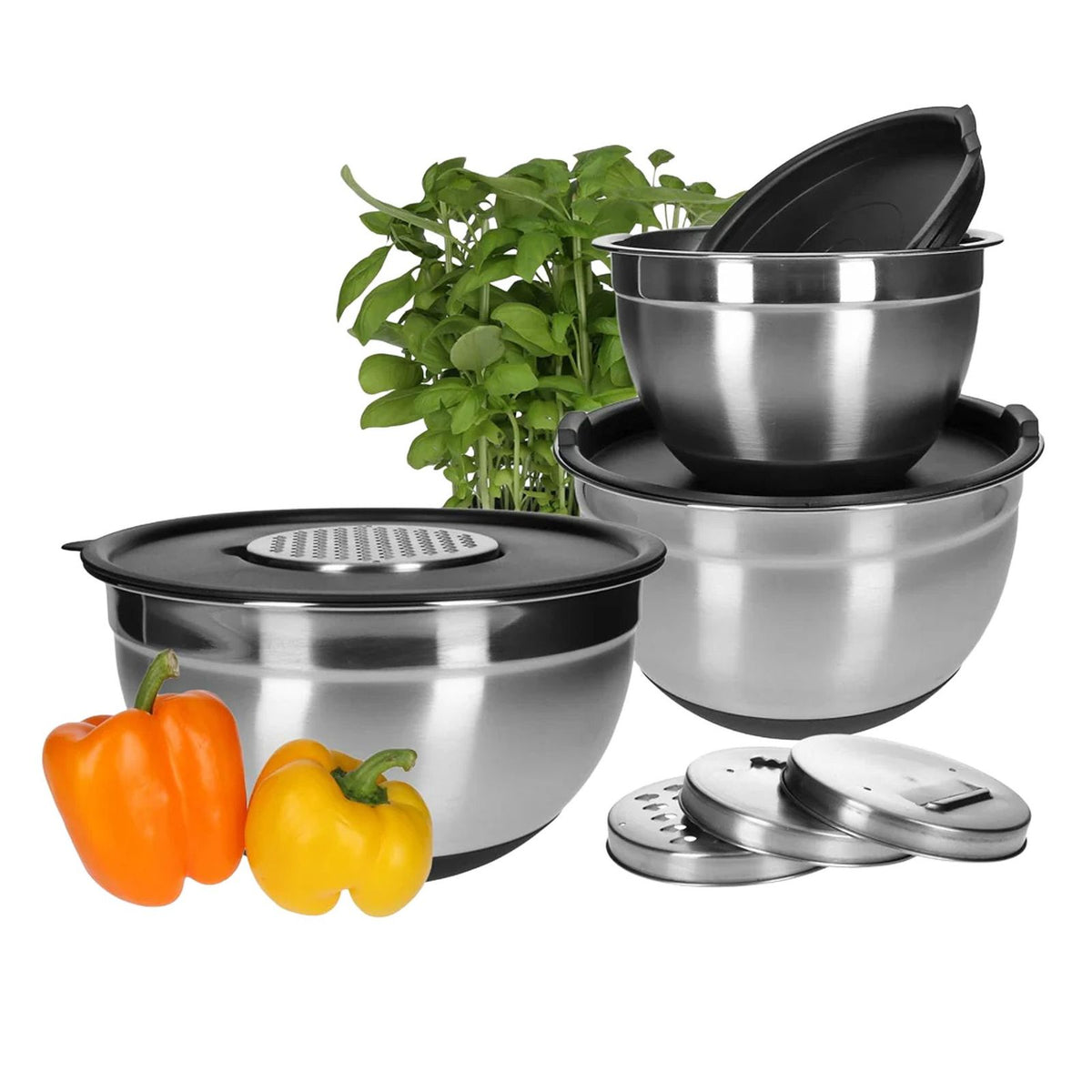 Produktbild Rührschüssel - TP Edelstahl Schüssel-Set inkl. Deckel, Skala, und 4 Einsätzen zum Gemüsereiben 11-teilig