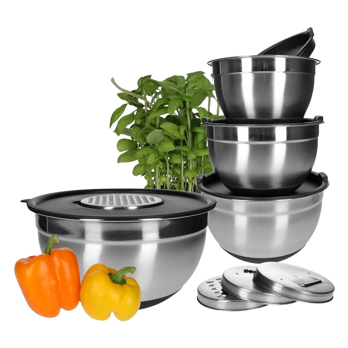 Produktbild Rührschüssel - TP Edelstahl Schüssel-Set inkl. Deckel, Skala, und 4 Einsätzen zum Gemüsereiben 13-teilig