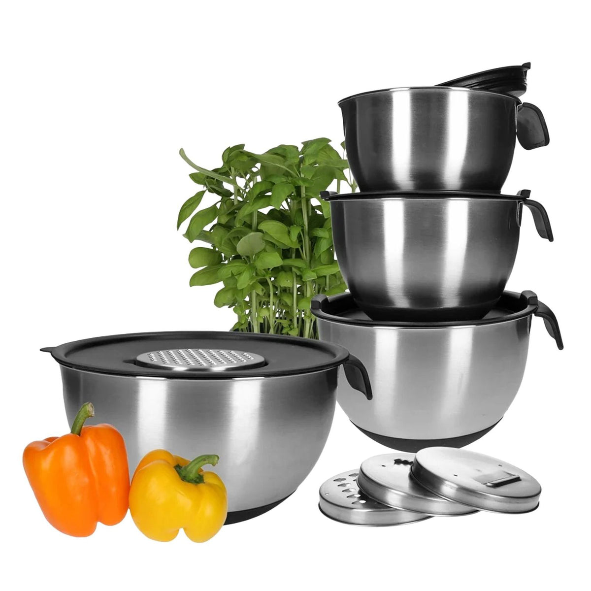 Produktbild Rührschüssel - TP Edelstahl Schüssel-Set mit Griff, inkl. Deckel, Skala und 4 Einsätzen zum Gemüsereiben 13-teilig