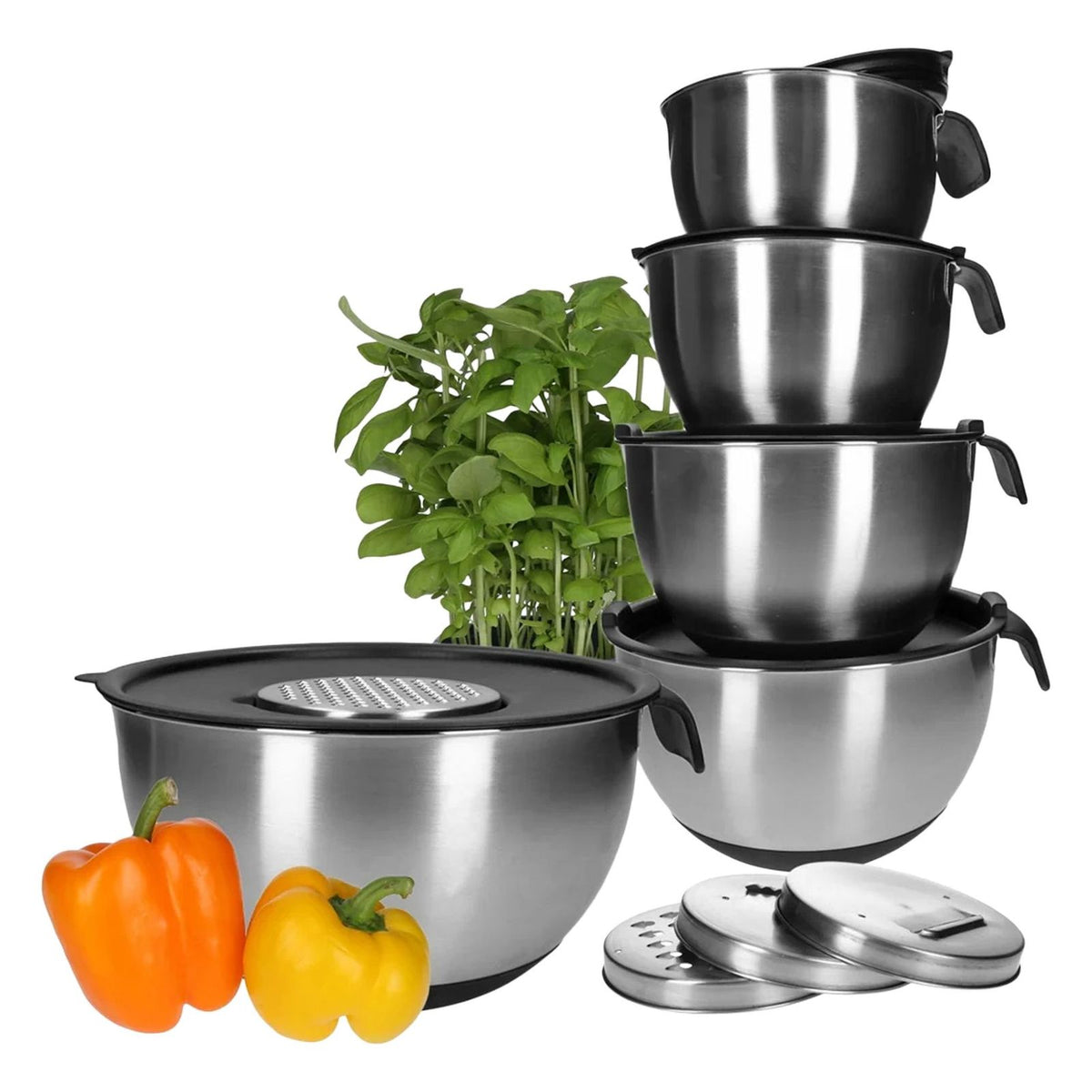 Produktbild Rührschüssel - TP Edelstahl Schüssel-Set mit Griff, inkl. Deckel, Skala und 4 Einsätzen zum Gemüsereiben 15-teilig