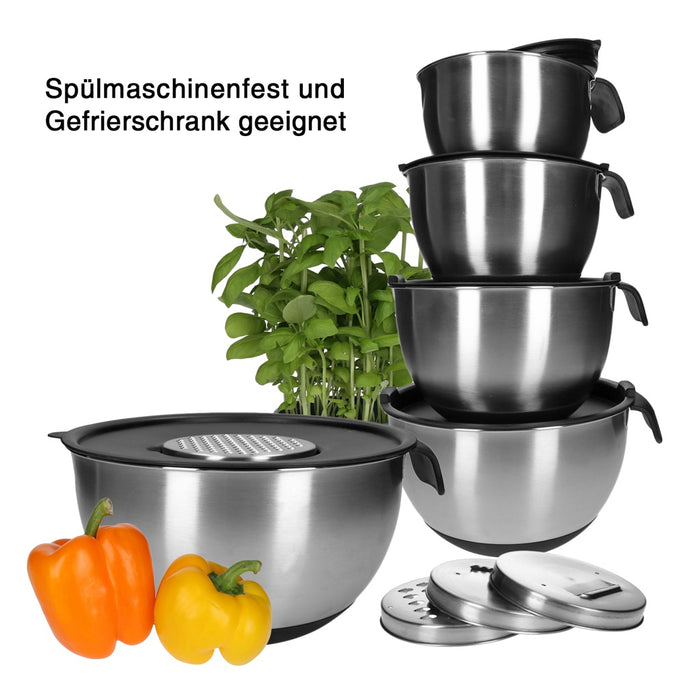TP Edelstahl Schüssel-Set mit Griff, inkl. Deckel, Skala und 4 Einsätzen zum Gemüsereiben 15-teilig