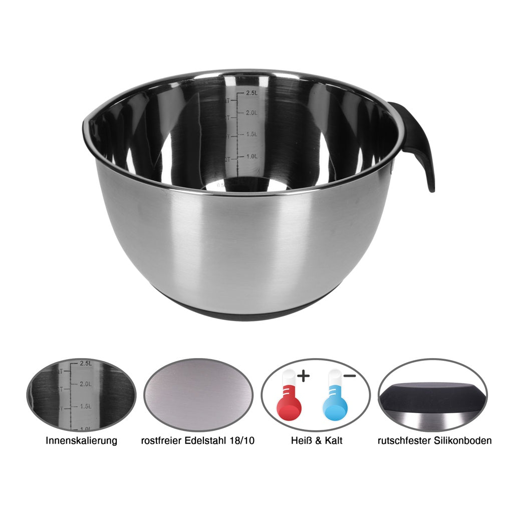Produktbild Rührschüssel - TP Edelstahl Schüssel-Set mit Griff, inkl. Deckel, Skala und 4 Einsätzen zum Gemüsereiben 15-teilig