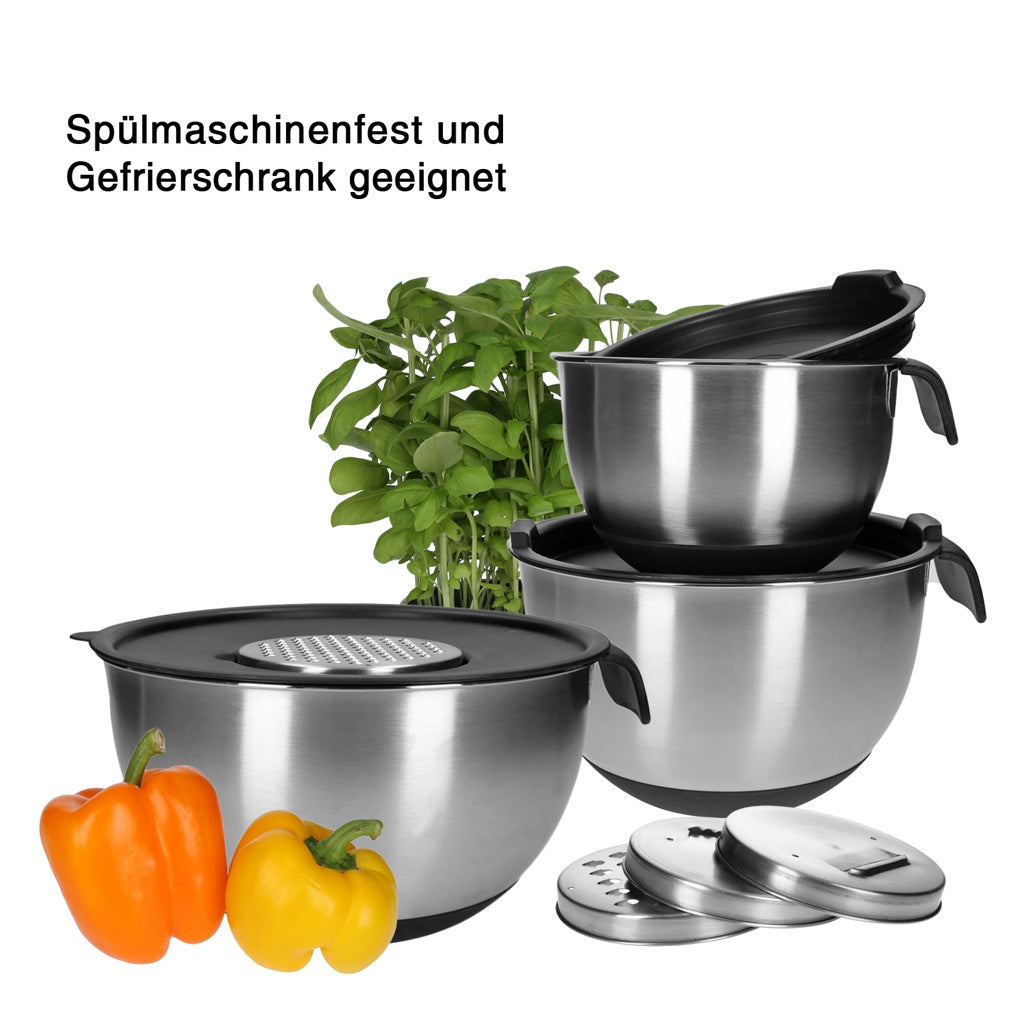 Produktbild Schüssel-Set - TP Edelstahl Schüssel-Set mit Griff, inkl. Deckel, Skala, 4 Einsätzen zum Gemüsereiben, Modell Lisa