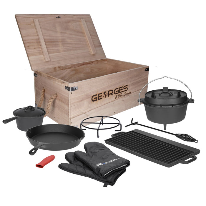 TP Premium BBQ Dutch Oven Set 9-teilig, Pfanne, Grillplatte, Topf aus Gusseisen mit Geschenk Kiste