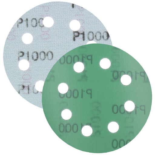 Produktbild Schleifscheibe - TP Schleifpapier, Schleifscheibe - Universal (grün 125mm, 8-fach-gelocht, Filmbasis - 10er Pack P1000