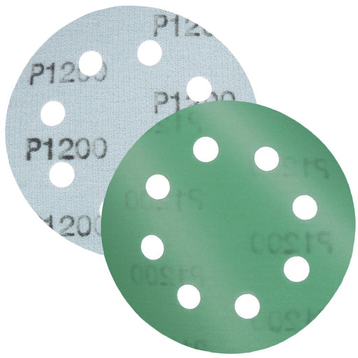 Produktbild Schleifscheibe - TP Schleifpapier, Schleifscheibe - Universal (grün 125mm, 8-fach-gelocht, Filmbasis - 10er Pack P1200