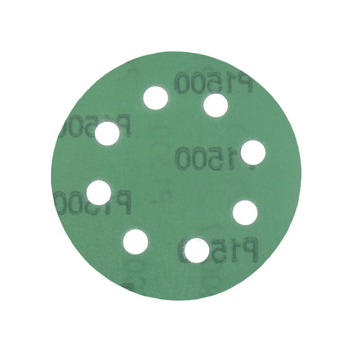 Produktbild Schleifscheibe - TP Schleifpapier, Schleifscheibe - Universal (grün 125mm, 8-fach-gelocht, Filmbasis - 10er Pack P1500