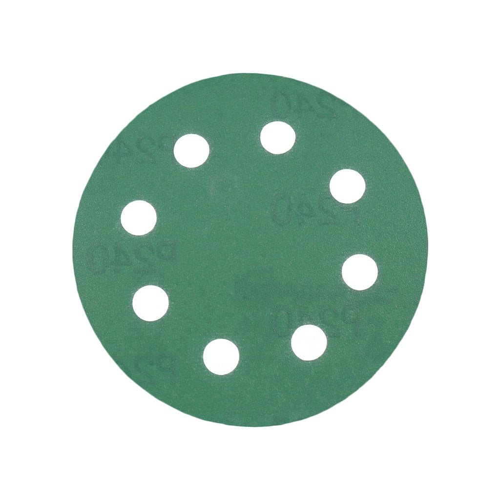 Produktbild Schleifscheibe - TP Schleifpapier, Schleifscheibe - Universal (grün 125mm, 8-fach-gelocht, Filmbasis - 10er Pack P240