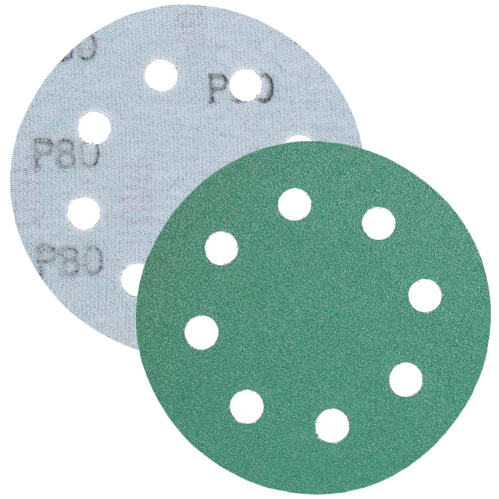 Produktbild Schleifscheibe - TP Schleifpapier, Schleifscheibe - Universal (grün 125mm, 8-fach-gelocht, Filmbasis - 10er Pack P80