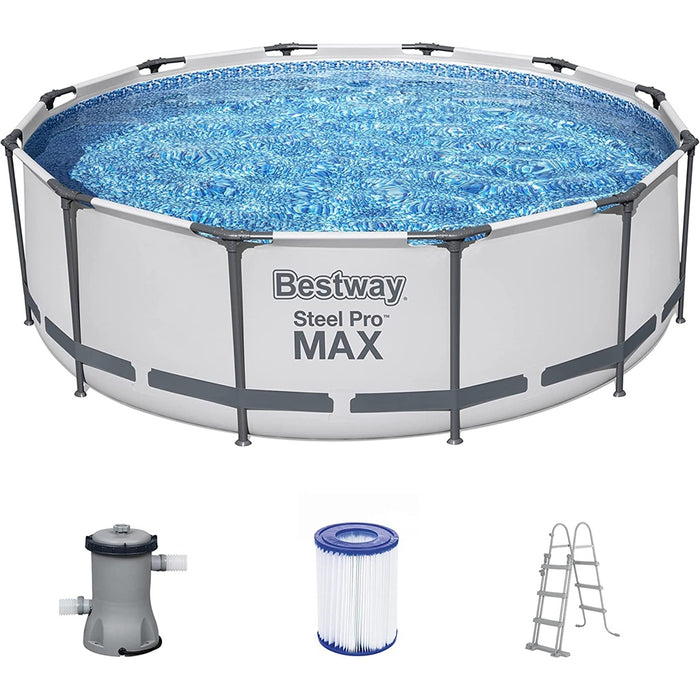 Bestway 56418 Steel Pro MAX Frame Pool-Set mit Filterpumpe Ø 366 x 100 cm, lichtgrau, rund