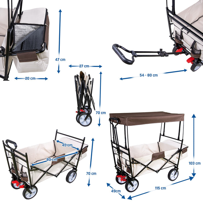 TP faltbarer Bollerwagen Beige mit abnehmbarem Dach Teleskopgriff, Kühltasche und Vorderradbremse