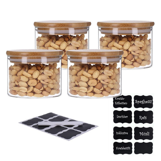 Produktbild Vorratsglas - TP Vorratsgläser 4er Set mit Bambus Deckel, luftdichte Behälter inkl. Etiketten, 4 x 350 ml