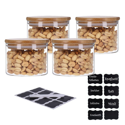 Vorratsgläser 4er Set mit Bambus Deckel, luftdichte Behälter inkl. Etiketten, 4 x 350 ml