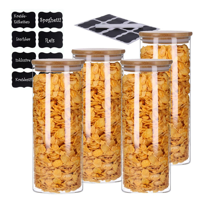 TP Vorratsgläser 4er Set mit Bambus Deckel, luftdichte Behälter inkl. Etiketten, 4 x 1800 ml