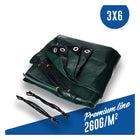Abdeckplane, Gewebeplane 260g/m² grün inkl. 4x Befestigungsseil, mit Ecken- und Randverstärkung 3 x 6 Meter