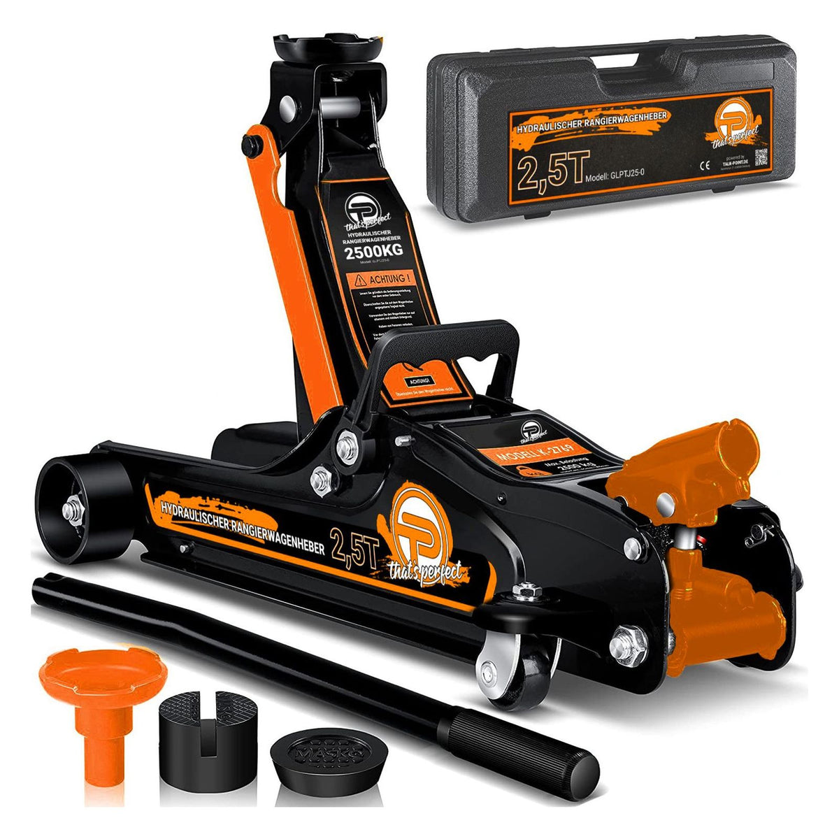 Produktbild Rangierwagenheber - TP Hydraulischer KFZ-Rangierwagenheber 2,5t Koffer, SUV-Adapter und 2x Gummiauflage Orange