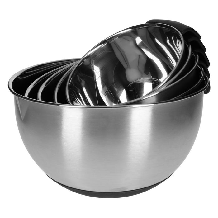 TP Edelstahl Schüssel-Set mit Griff u. Deckel 15tl Skala und 4 Einsätzen zum Gemüsereiben 15 Teilig