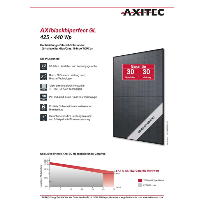AXITEC 435W Solarmodul Glas-Glas BF N-Type 0% MwSt AXIblackbiperfect GL AC-435TGB/108BB