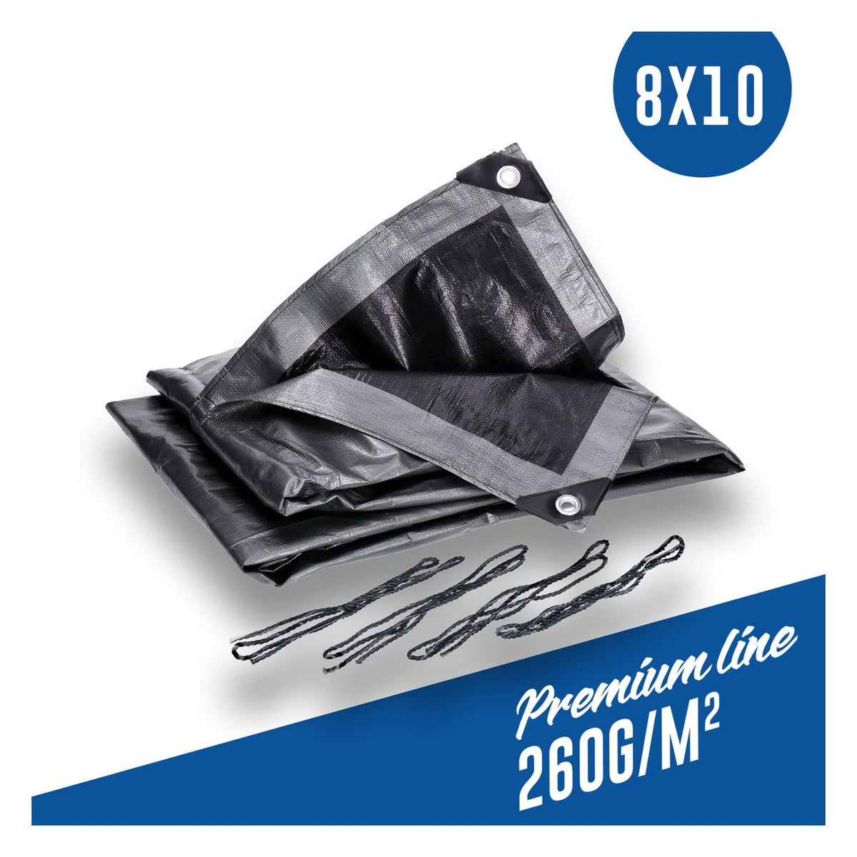 Produktbild Abdeckplane - Abdeckplane, Gewebeplane 260g/m² silber inkl. 4x Befestigungsseil, mit Ecken- und Randverstärkung 8 x 10 Meter