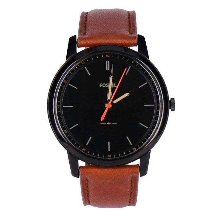 Fossil The Minimalist FS5305 Herrenuhr Cognac-Schw Edelstahlgehäuse Schwarz, Echtlederarmband Cognac