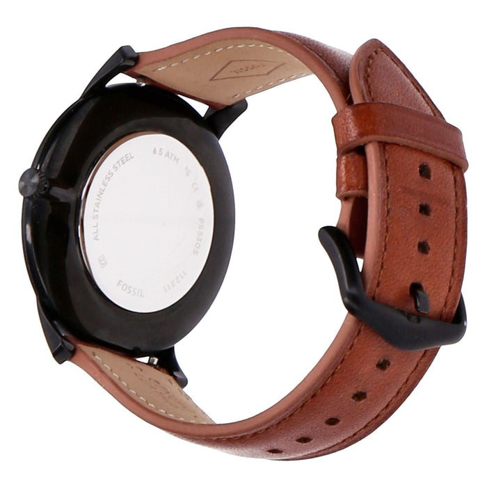 Fossil The Minimalist FS5305 Herrenuhr Cognac-Schw Edelstahlgehäuse Schwarz, Echtlederarmband Cognac