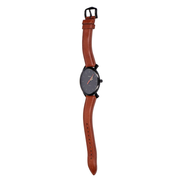 Fossil The Minimalist FS5305 Herrenuhr Cognac-Schw Edelstahlgehäuse Schwarz, Echtlederarmband Cognac