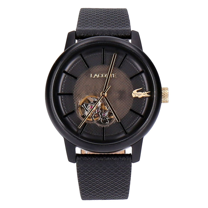 Lacoste 12.12 Automatik Unisex Armbanduhr Schwarz Aluminiumgehäuse und Lederarmband in Schwarz
