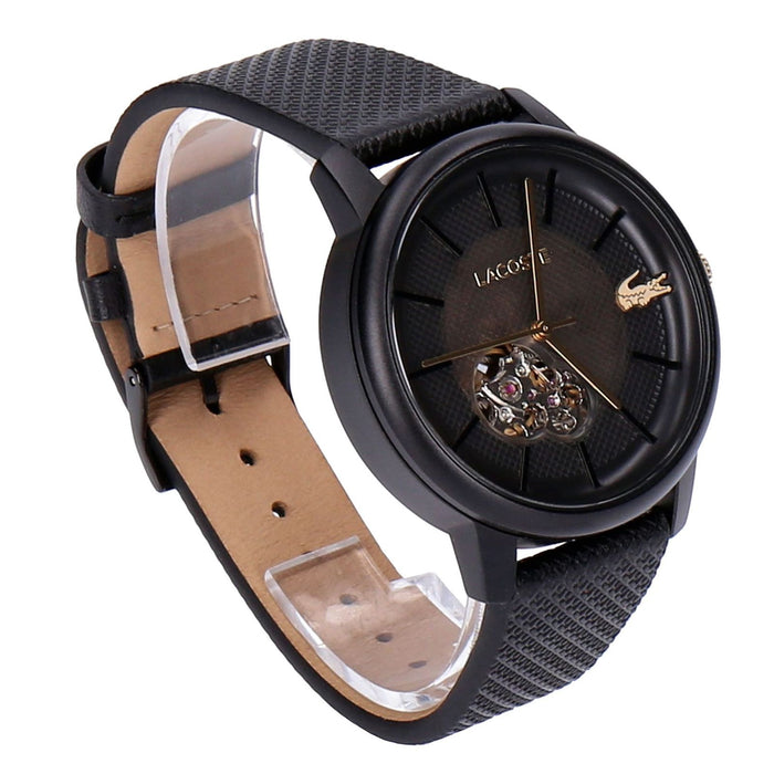 Lacoste 12.12 Automatik Unisex Armbanduhr Schwarz Aluminiumgehäuse und Lederarmband in Schwarz