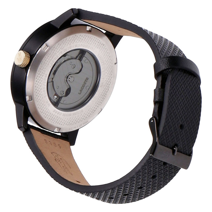 Lacoste 12.12 Automatik Unisex Armbanduhr Schwarz Aluminiumgehäuse und Lederarmband in Schwarz