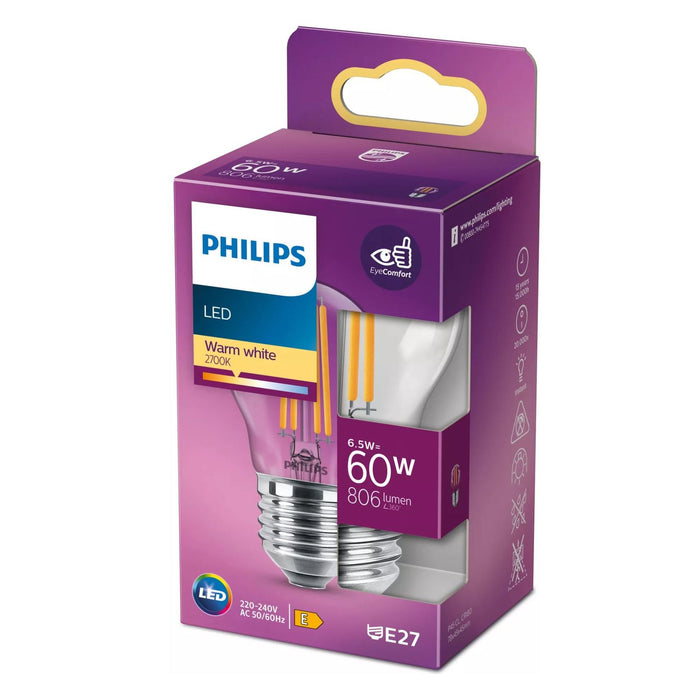 Philips 60W P45 E27 LED-Filament-Kerzenlampe transparent Warmweiß