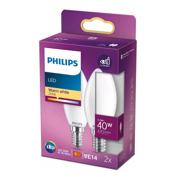 Philips 40W B35 E14 Filament-Kerzenlampe 2er-Pack Milchglas