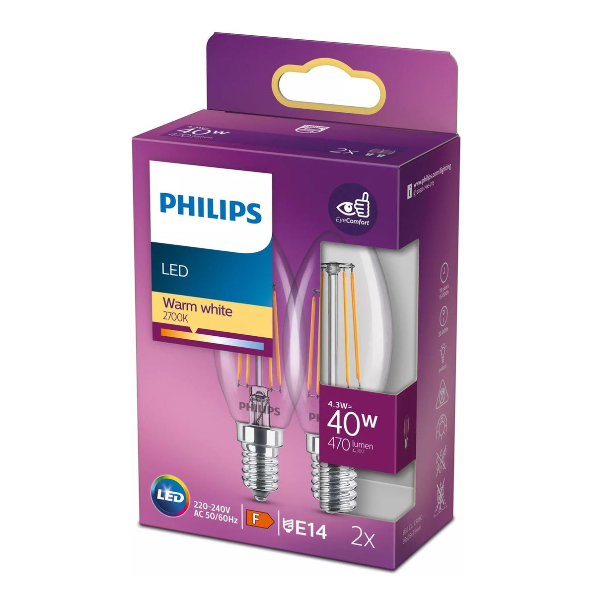 Produktbild LED-Filament - Philips Filament Kerzenlampe Warm White 40W B35 2x E14