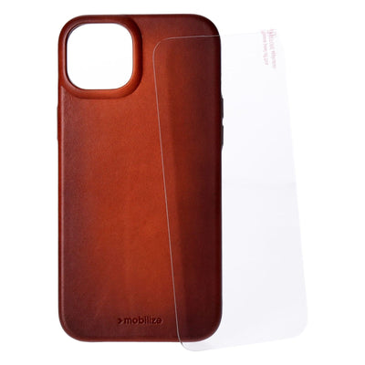 Protection Pack iPhone 15 Plus Ledercase braun und Displayschutz