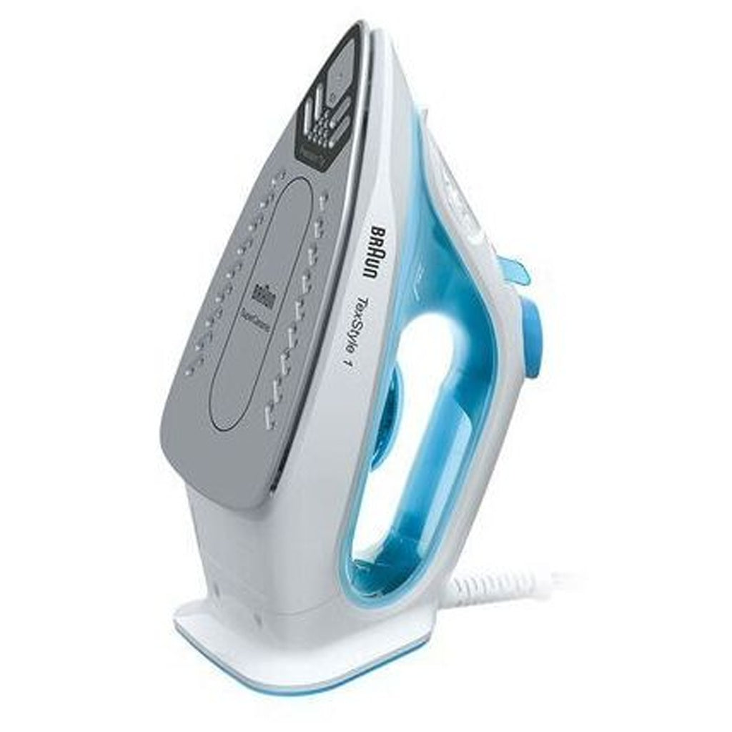 Produktbild Dampfbügeleisen - Braun TexStyle 1 Trocken- & Dampfbügeleisen Keramik-Bügelsohle 2000 W Blau, Weiß