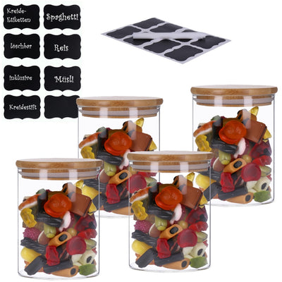 Vorratsgläser 4er Set mit Bambus Deckel, luftdichte Behälter inkl. Etiketten, 4 x 700 ml