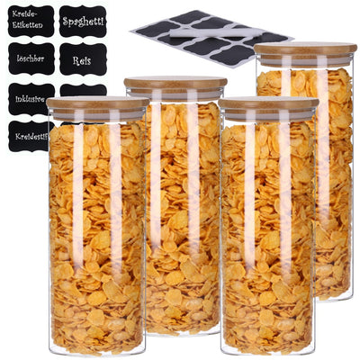 4er Set Vorratsglas mit Bambusdeckel und 8 Kreidetafel- Sticker (4 x 1800ml)