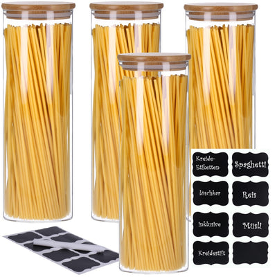 4er Set Vorratsglas mit Bambusdeckel und 8 Kreidetafel- Sticker (4 x 2200ml)