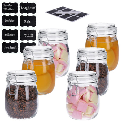 6er Set Vorratsglas mit Bügelverschluss inkl. 8 Kreidetafelsticker & Stift runde Form (6 x830 ml)