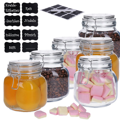 6er Set Vorratsdose aus Glas mit Bügelverschlus inkl. 8 Kreidetafelsticker & Stift (6 x 650 ml)