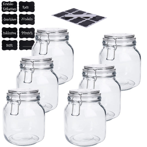 Produktbild Vorratsglas - TP 6er Set Vorratsglas mit Bügelverschluss inkl. 8 Kreidetafelsticker & Stift eckige Form (6 x1000ml)