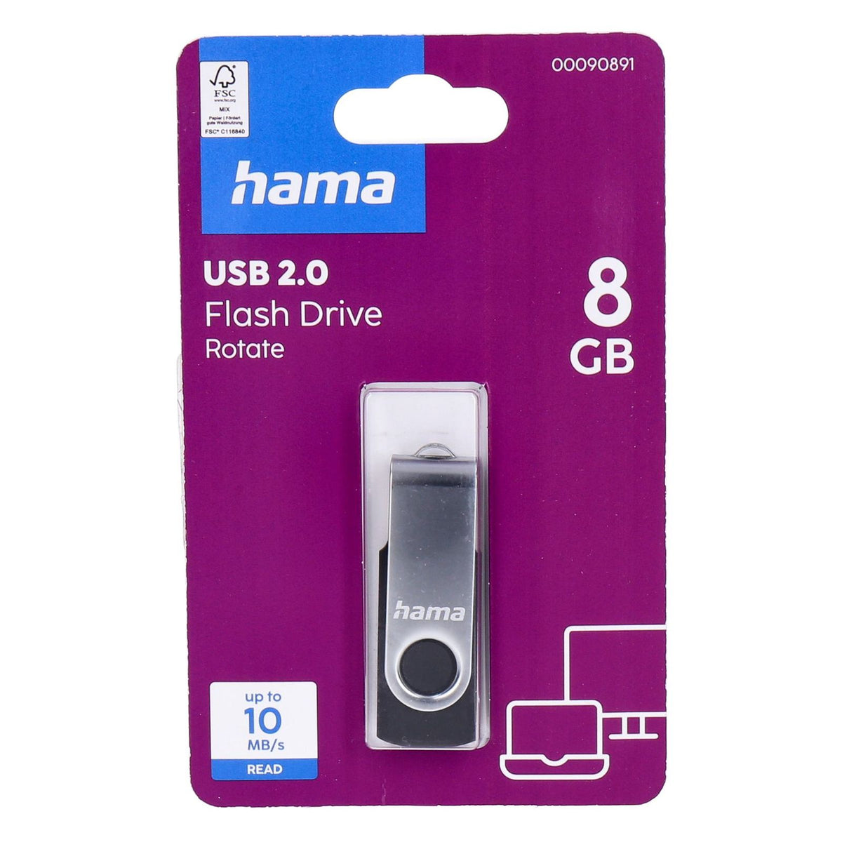 Produktbild USB-Stick - Hama 8GB Rotate USB-Stick USB Typ-A 2.0 Schwarz, Silber