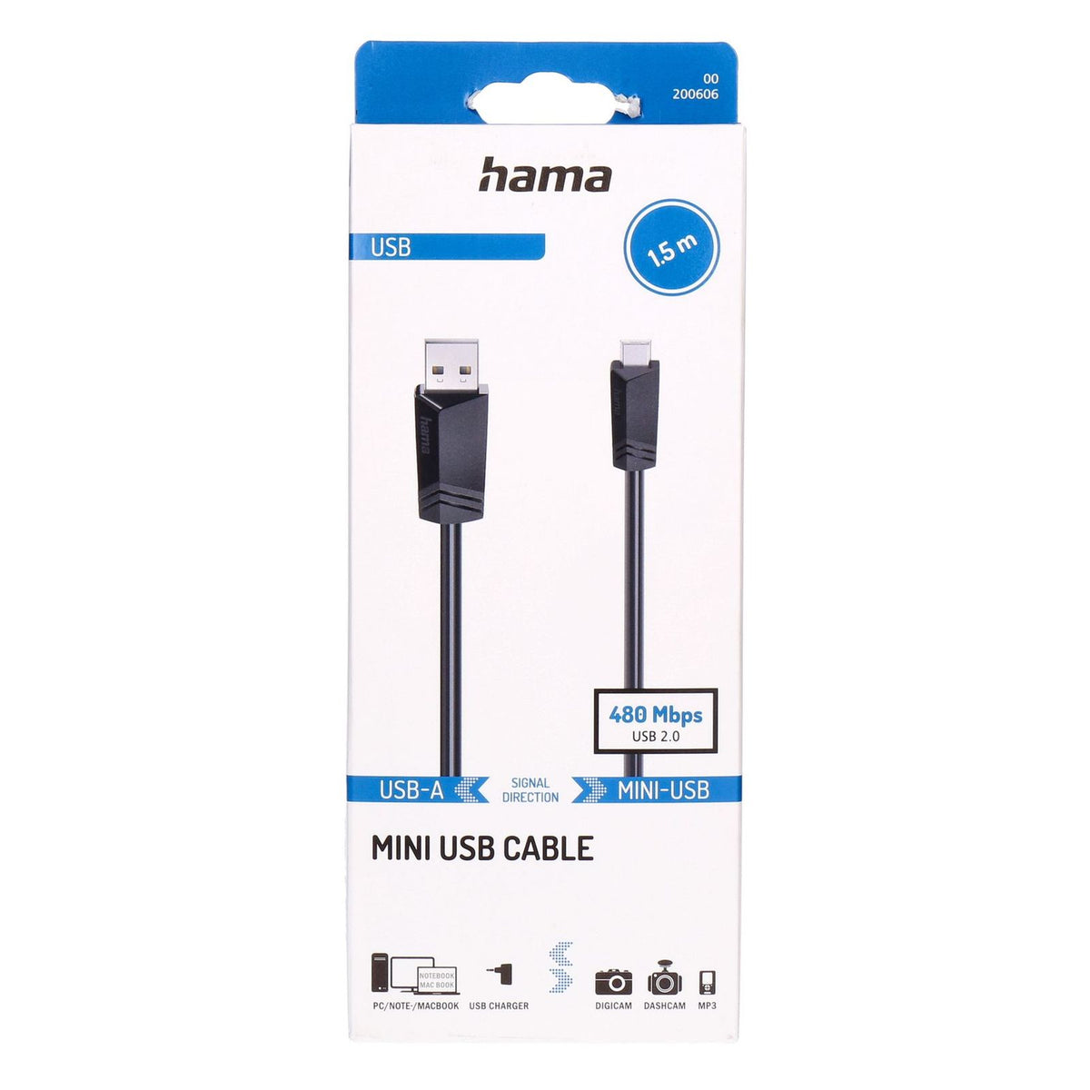 Produktbild USB-Kabel - Hama 00200606 USB Kabel USB 2.0 1,5 m Mini-USB B USB A 0,48 Gbit/s Schwarz