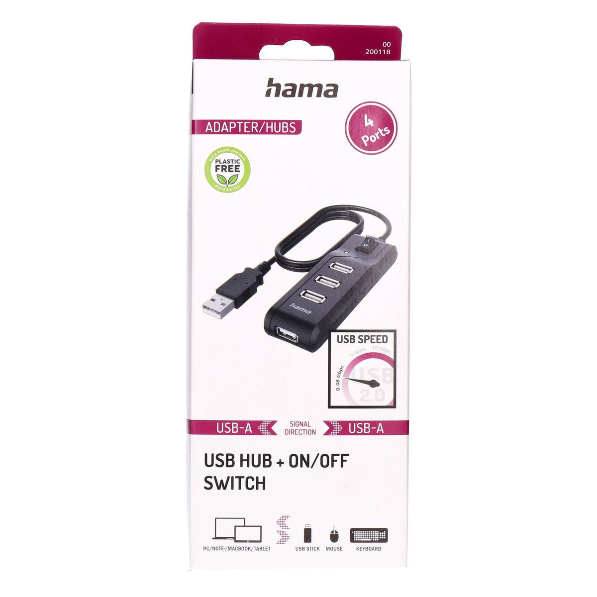 Produktbild HUB - Hama 00200118 Schnittstellen-Hub USB 2.0 480 Mbit/s Schwarz