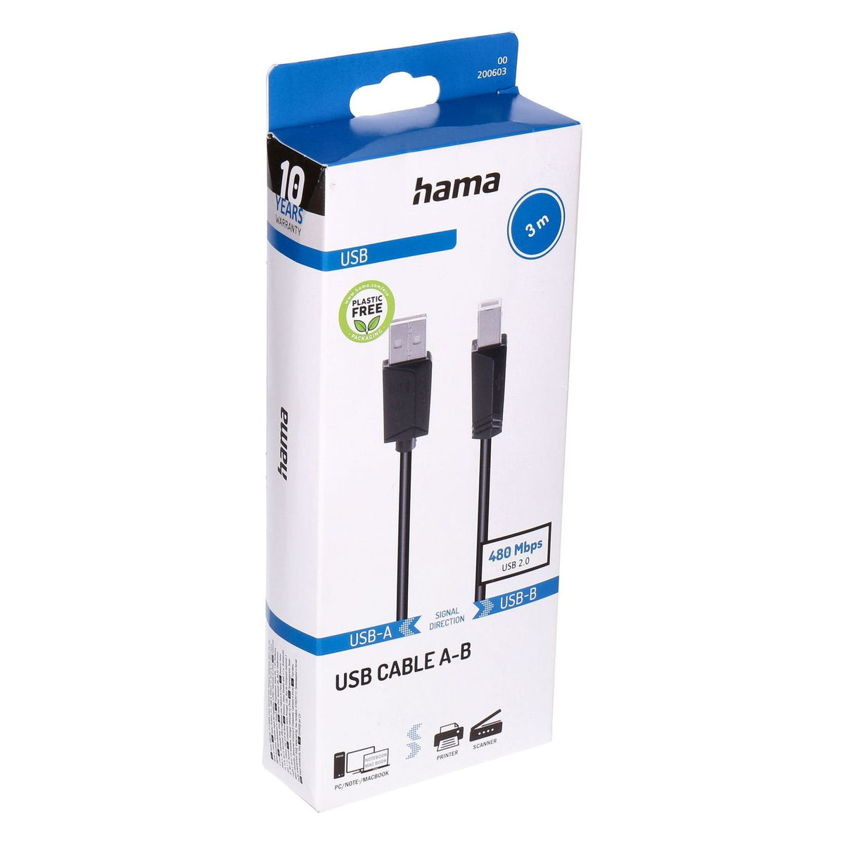 Produktbild USB-Kabel - Hama 00200603 USB Kabel USB 2.0 3 m USB A USB B 0,48 Gbit/s Schwarz